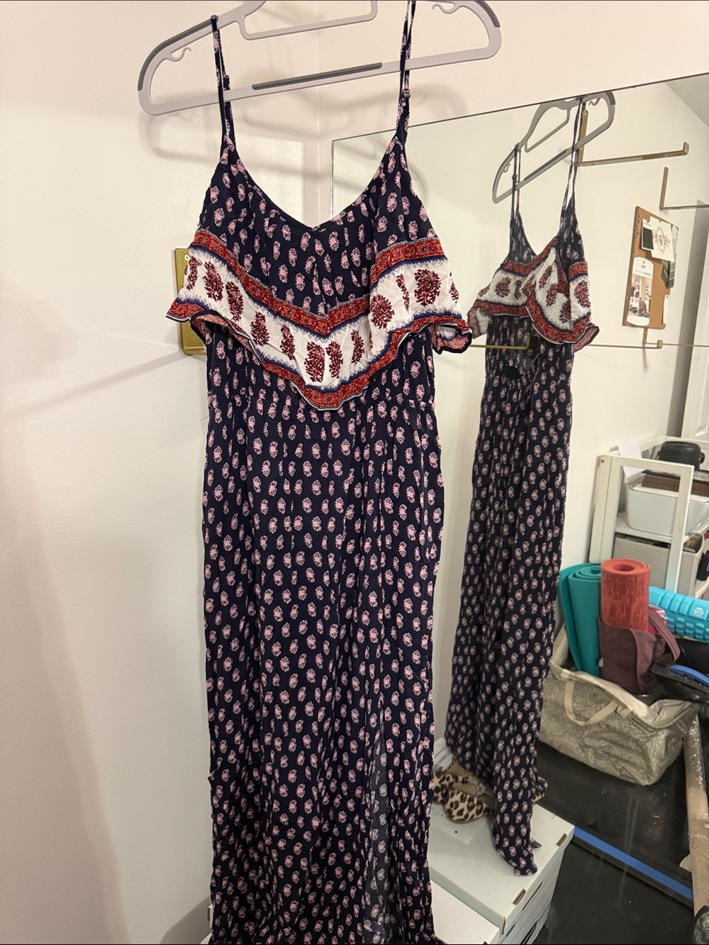 American Eagle Outfitters Navy Maxi Dress with Red and White Paisley Ruffle